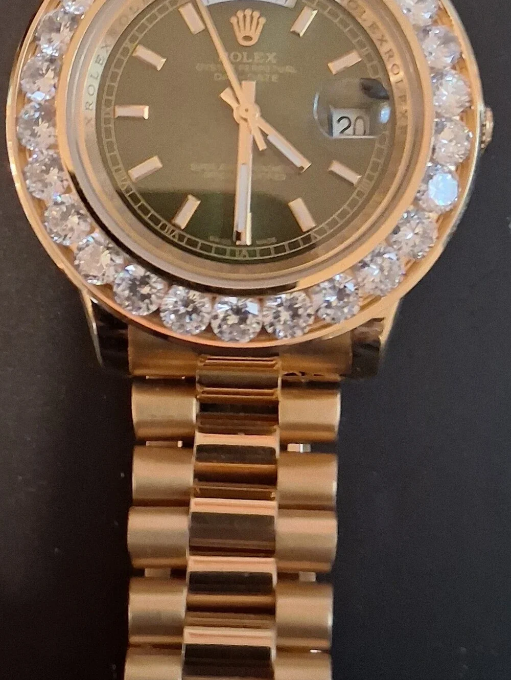 BLING WATCH Day-Date Gold Watch with Dark Green and Diamond Bezel Automatic
